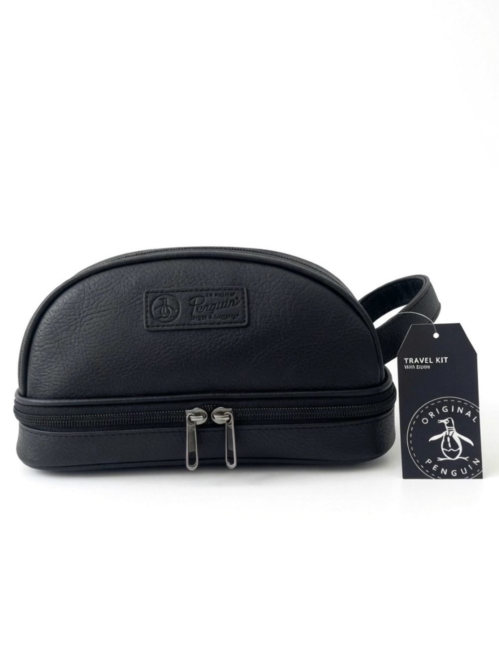 Original Penguin Black Faux Leather Dual Zip Travel Dopp Kit w/ Bottle NWT